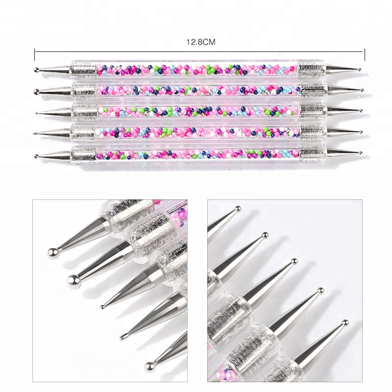 NAB032  ForLife 5 Pcs 2 Way Caviar Nail Art Dotting Pen UV Gel Painting Brush Salon Manicure Nail Tools Kit