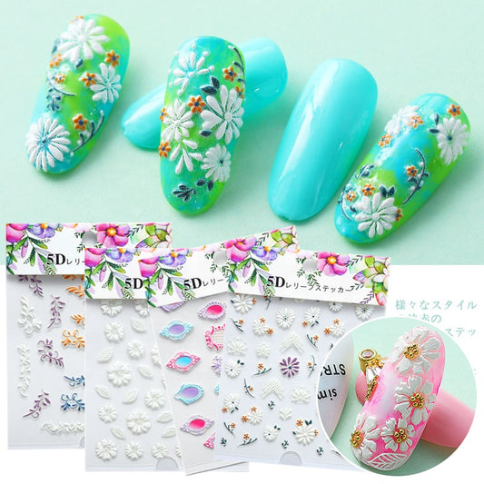 NS5D013  ForLife 5D Embossed Colorful White Flower Nail Sticker Summer Style Manicure Decals Decorations