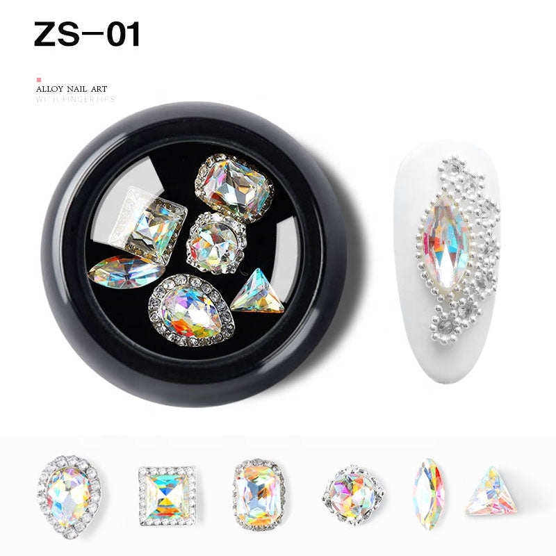 NZJ063  6 PCS Mixed Alloy Nail Art Decorations 3D Rhinestones Retro Flatback Shiny Diamonds Crystals Opal Beads Set