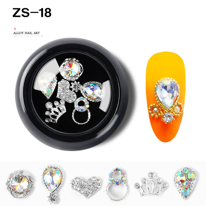 NZJ063  6 PCS Mixed Alloy Nail Art Decorations 3D Rhinestones Retro Flatback Shiny Diamonds Crystals Opal Beads Set