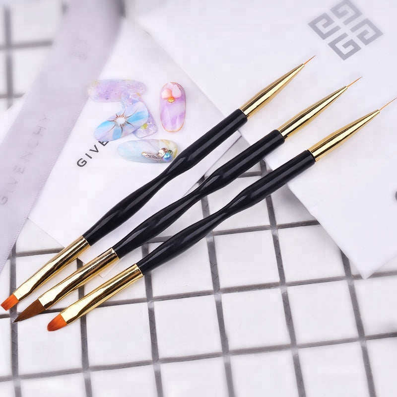 NAB010  ForLife Dual-End Gold Black Handle UV Gel Line Drawing Nail Art Brush for DIY Nails 3d Carving Painting Pen OEM ACCEPT