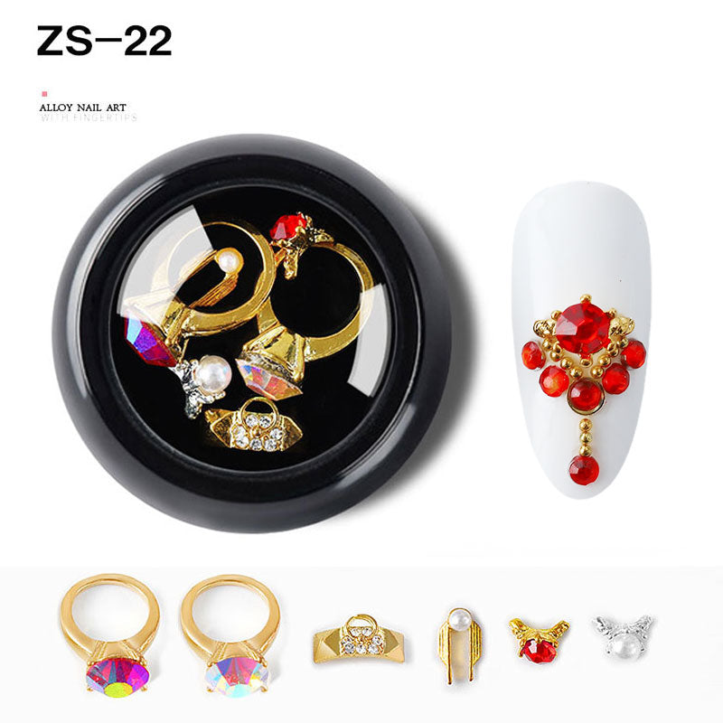 NZJ063  6 PCS Mixed Alloy Nail Art Decorations 3D Rhinestones Retro Flatback Shiny Diamonds Crystals Opal Beads Set