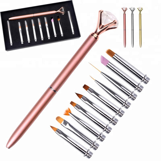 NAB017  ForLife Gold Silver Rose Crystal Nail Art Pen Brush Set Replace Head Cuticle Remover Drawing Painting Liner Design Tool