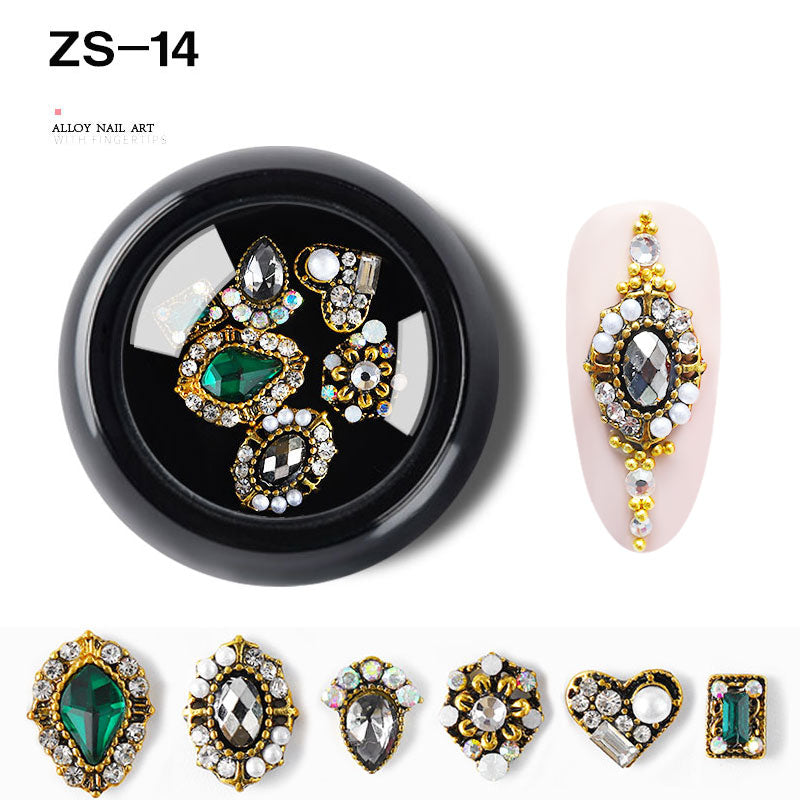 NZJ063  6 PCS Mixed Alloy Nail Art Decorations 3D Rhinestones Retro Flatback Shiny Diamonds Crystals Opal Beads Set