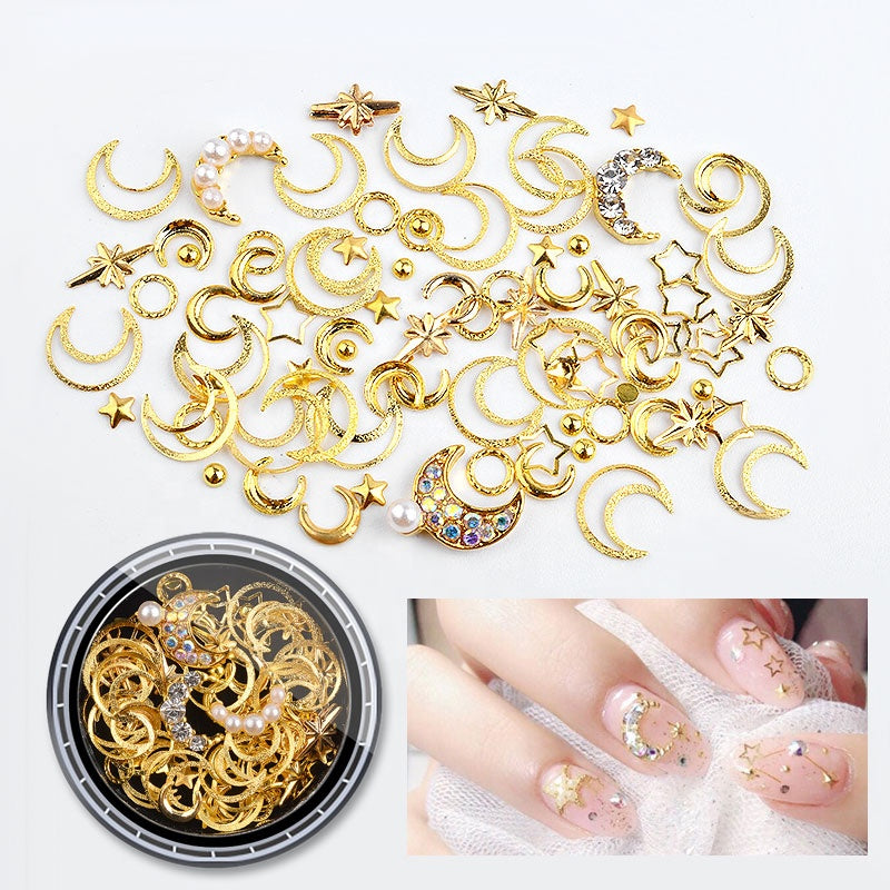 NRD010 1Box Mix AB Crystal Rhinestones Hollow Metal Studs 3d Moon Star Rivets Glitter DIY Nail Art Decoration