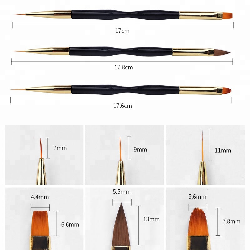 NAB010  ForLife Dual-End Gold Black Handle UV Gel Line Drawing Nail Art Brush for DIY Nails 3d Carving Painting Pen OEM ACCEPT