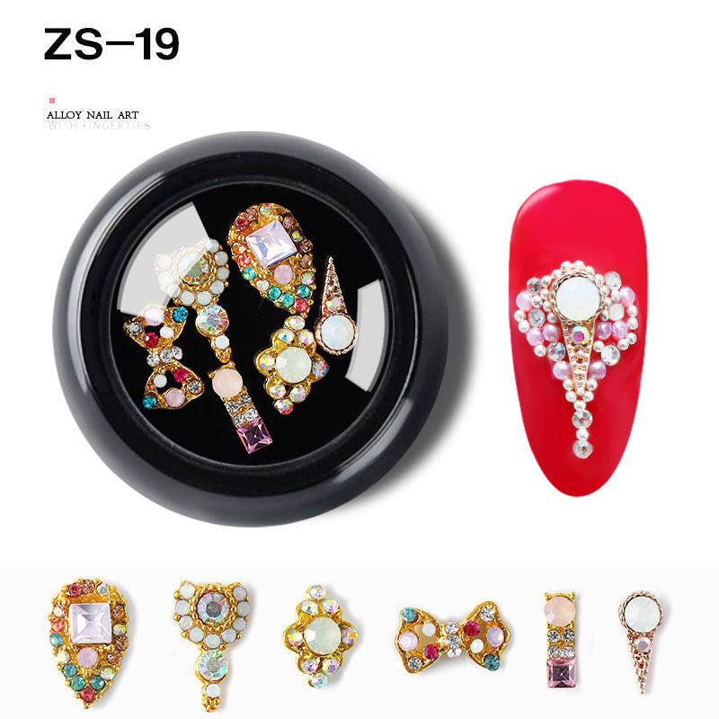 NZJ063  6 PCS Mixed Alloy Nail Art Decorations 3D Rhinestones Retro Flatback Shiny Diamonds Crystals Opal Beads Set