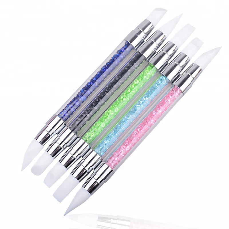 NAB013  ForLife 2 Way Silicone Head UV Gel Nail Art Brush Carving Pen Acrylic Handle Salon Nail Tools Beauty Rhinestone Polish Pen