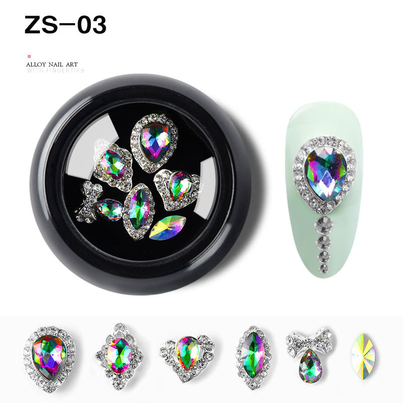 NZJ063  6 PCS Mixed Alloy Nail Art Decorations 3D Rhinestones Retro Flatback Shiny Diamonds Crystals Opal Beads Set