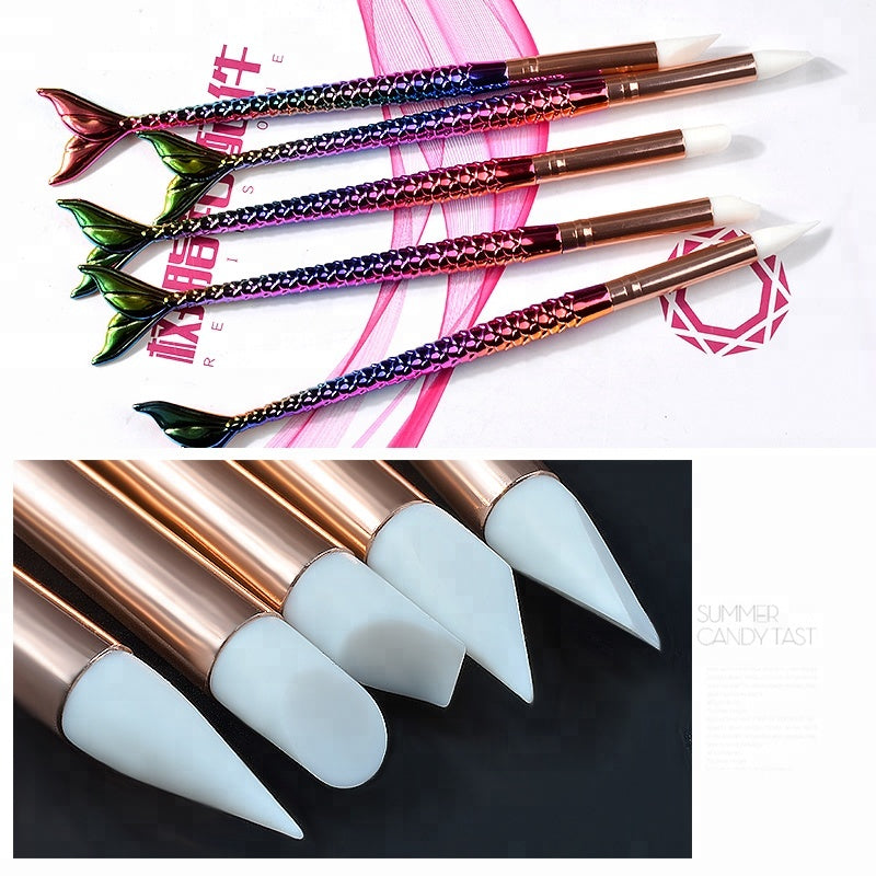 NAB018 ForLife 5 Types Mermaid Silicone Nail Art Brush Pen Carving Emboss Shaping Hollow Sculpture Manicure Tool