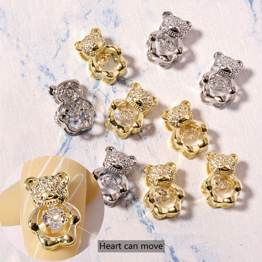 NZJ061  Nail Art Zircon Smart Bear Beating Heart Luxury Real Gold Color Preserving 3D Nail Jewelry Bear