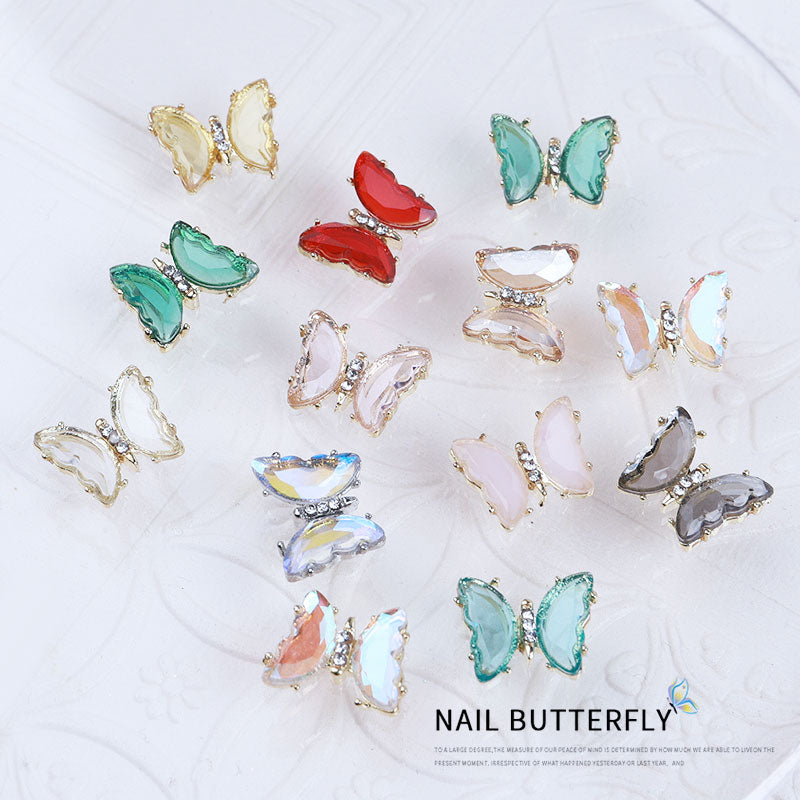 NDE053  2021 summer new style clear and translucent aurora glowing alloy frame butterfly 3d crystal butterfly DIY nail jewelry