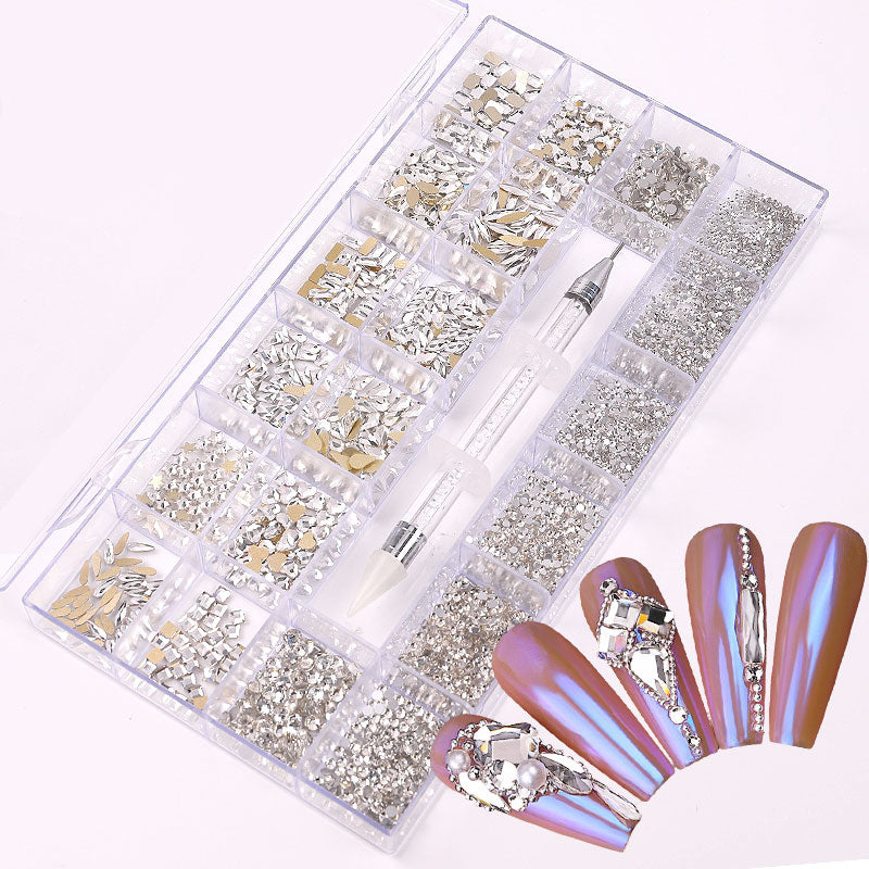 NRB015  Crystal White Nail Art Mix Shape Fancy Shaped In Box Flat Bottom Glass nail rhinestone art decoration white rhinestones