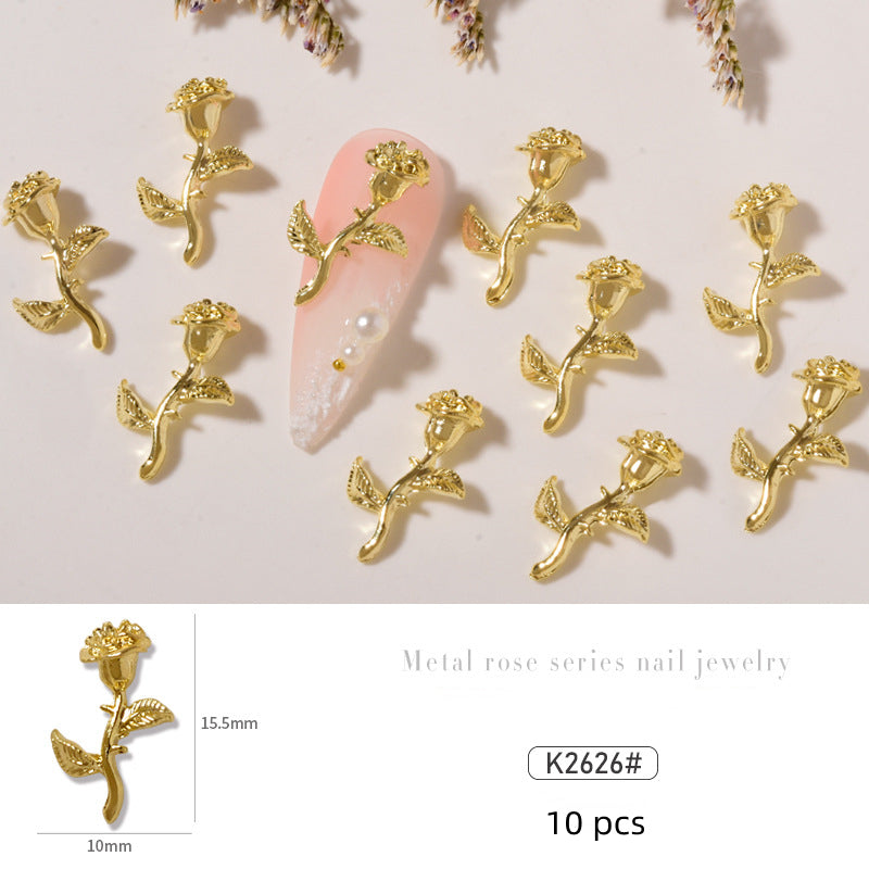 NZJ034 10 pcs/pack nail metal Rose alloy Accessories light luxury 3D Rose silver nail jewelry