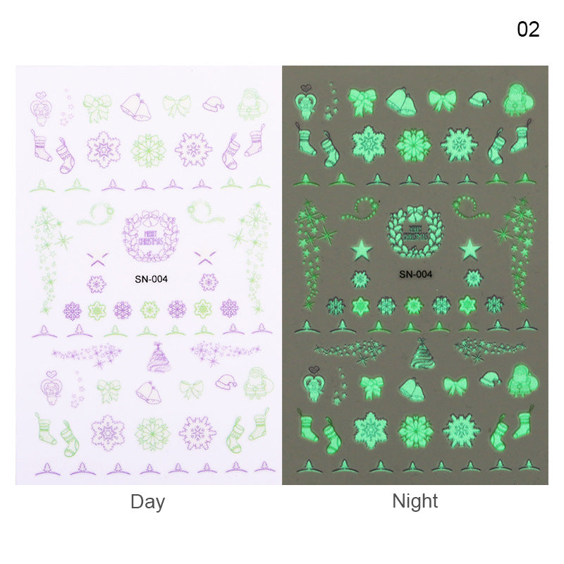 NS5D016  ForLife Luminous Nail Art Sticker Christmas Snowflake Patterns 3D Nail Decoration Decals Transfer Glow in Dark 1 Sheet