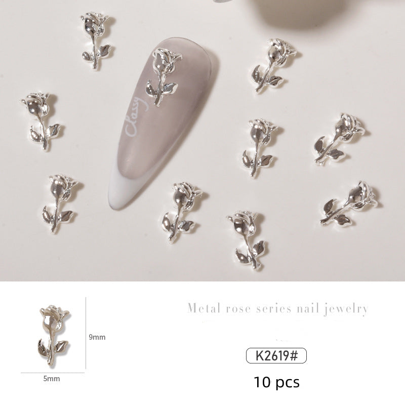 NZJ034 10 pcs/pack nail metal Rose alloy Accessories light luxury 3D Rose silver nail jewelry