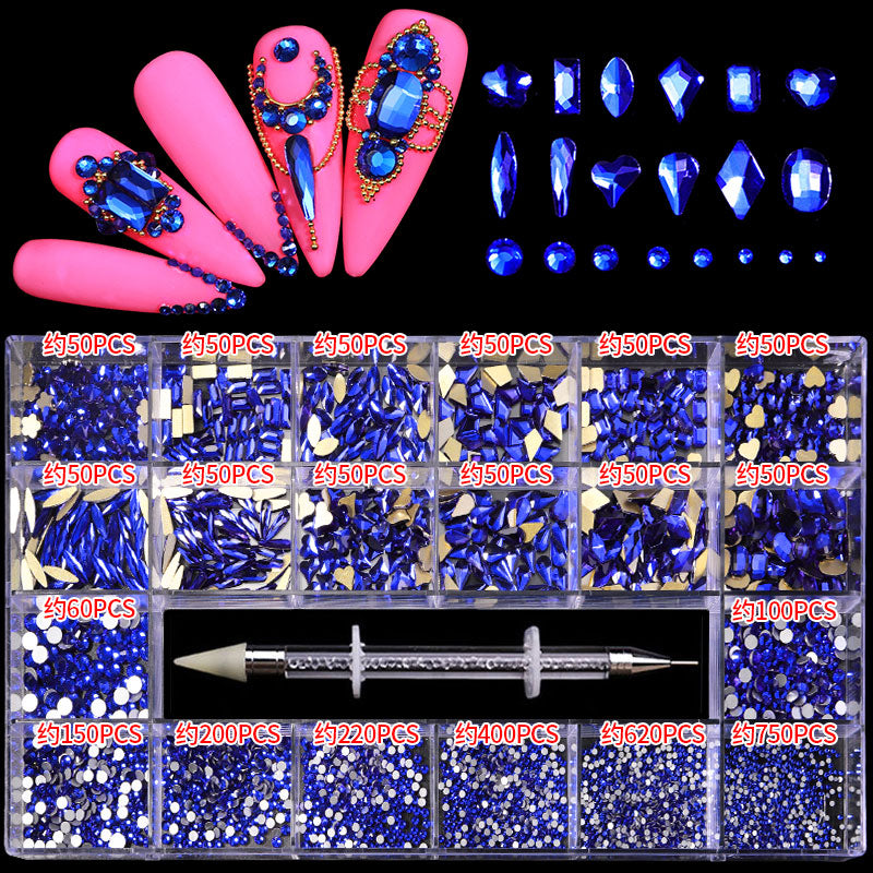 NRB002  Sapphire blue Nail Art Mix Shape Fancy Shaped In Box Flat Bottom Glass nail rhinestone art decoration rhinestones