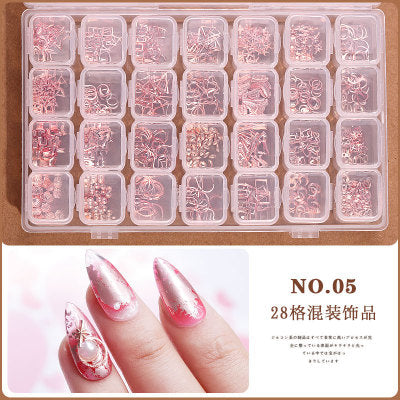 NRD011   28 grid/box mix 3D Pearl Rivet Steel Ball Shell Metal Studs Rhinestones Pearl Nail Jewelry DIY Art Accessories