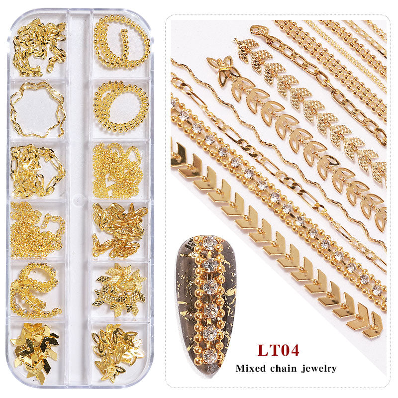 NDE054  ForLife new 12 grid boxed chain DIY nail art decoration metal rhinestone gold and silver chain