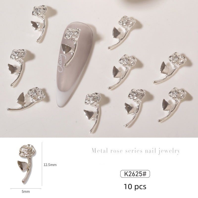 NZJ034 10 pcs/pack nail metal Rose alloy Accessories light luxury 3D Rose silver nail jewelry