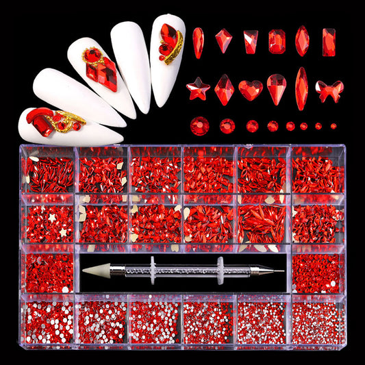 NRB013   Shiny Red Nail Art Shape Fancy Shaped In Box Flat Bottom Glass nail rhinestone art decoration rhinestones