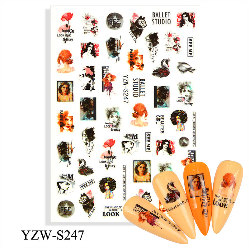 NS5D006  3D Flower Nail Stickers Women Face Sketch Abstract Butterfly Image Sexy Girl Nail Art Decor Sliders Manicure Stickers for Nails