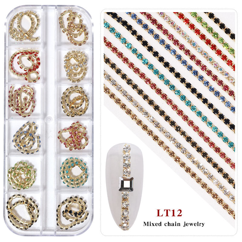 NDE054  ForLife new 12 grid boxed chain DIY nail art decoration metal rhinestone gold and silver chain