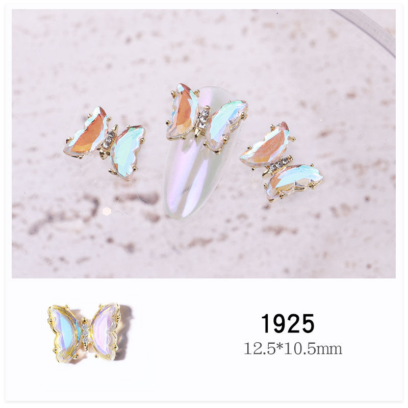 NDE053  2021 summer new style clear and translucent aurora glowing alloy frame butterfly 3d crystal butterfly DIY nail jewelry