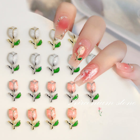 NZJ025  Tulip Accessories Metal Texture Light Luxury Wind Drop Oil Rose Mesh Red Nail art Flower Nail Decoration