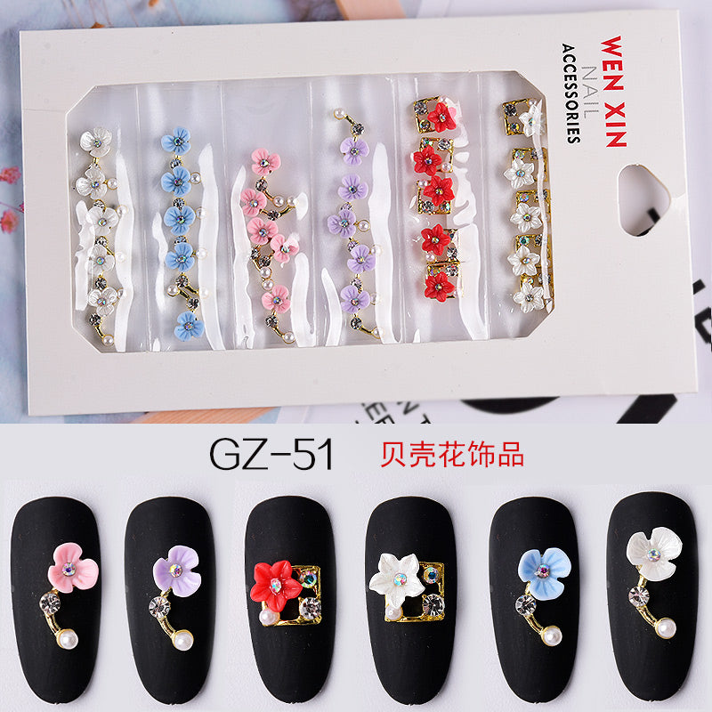 NDE013  ForLife 6 Grid Pack Flatback Nail Art Rhinestones Zircon Resin Flower Alloy Chain 2 Sections Nail Decorations tools