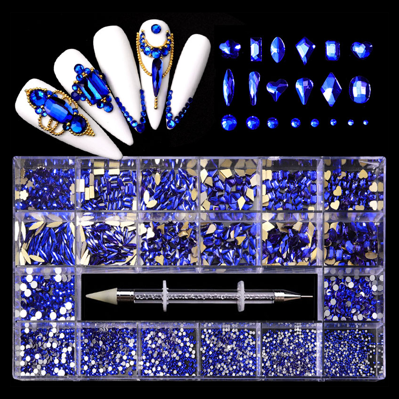 NRB002  Sapphire blue Nail Art Mix Shape Fancy Shaped In Box Flat Bottom Glass nail rhinestone art decoration rhinestones