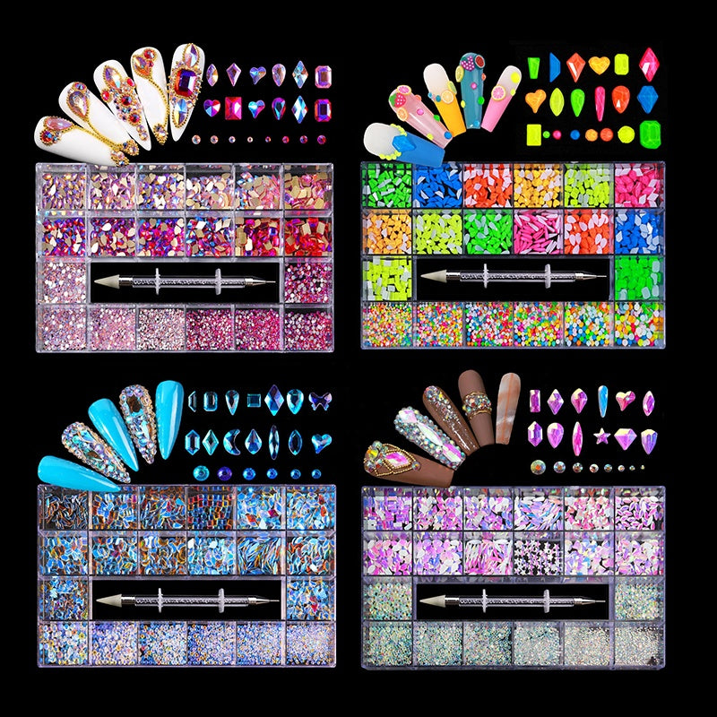 NRB017  Shiny Crystal AB White Rainbow Nail Art Mix Shape Fancy In Box Flat Bottom Glass nail rhinestone art decoration rhinestones