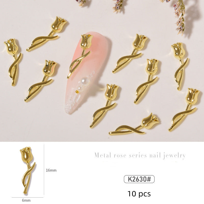 NZJ034 10 pcs/pack nail metal Rose alloy Accessories light luxury 3D Rose silver nail jewelry