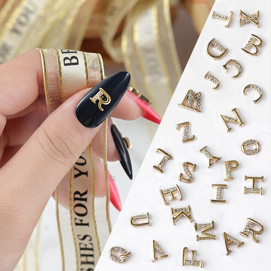 NZJ056   Alloy Crystal Nail Rhinestones 3d Charm 26 letters Decorations Metal Studs Zircon jewelry For DIY Nail Art