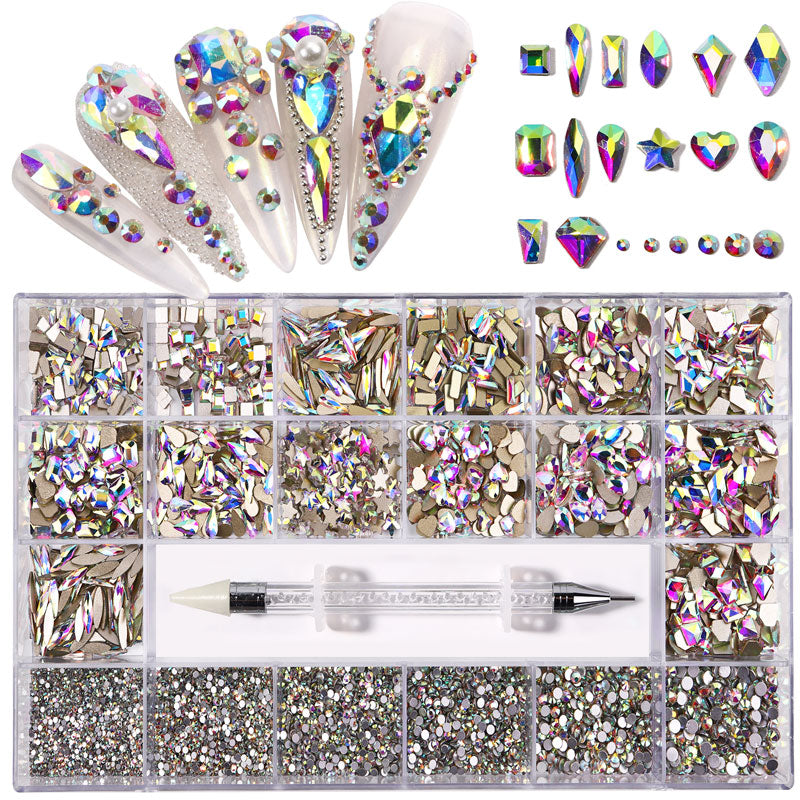 NRB018  21 Grids Mixed Color Micro Diamond Nail Art Flat Glass Round Shaped Rhinestone Box Nail Art Accessories DIY Set