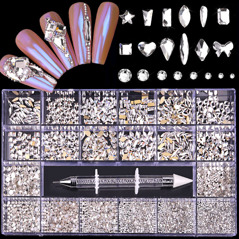 NRB015  Crystal White Nail Art Mix Shape Fancy Shaped In Box Flat Bottom Glass nail rhinestone art decoration white rhinestones