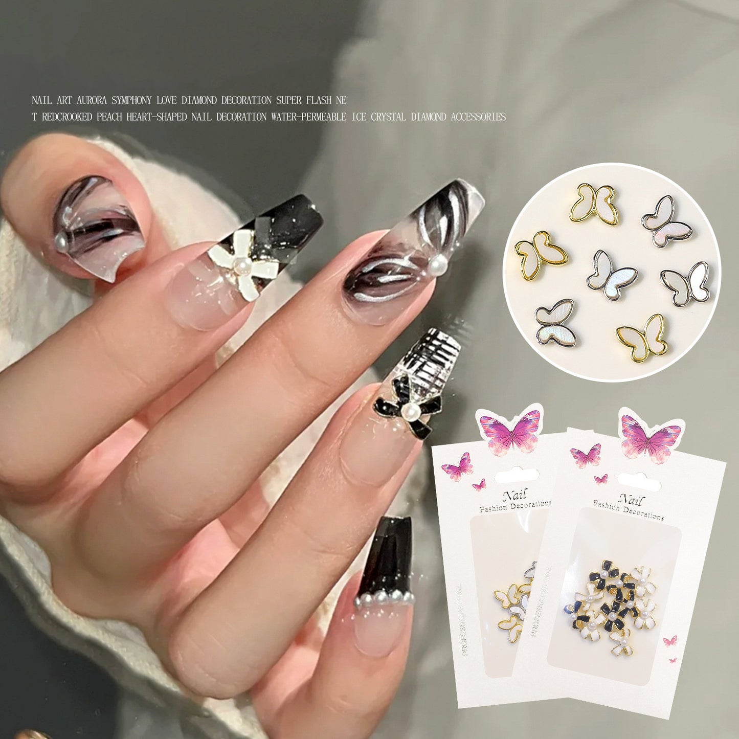 NZJ037  Black bow Little Magic Box Set Nail Art Decoration Camellia Pearl Bow Knot Mixed 3D Fingernail DIY Accessories