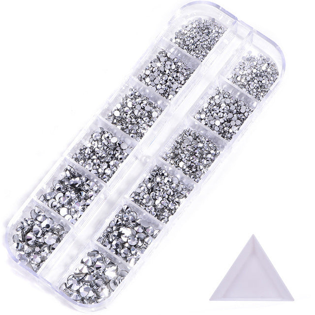 NRS016  ForLife Hot sale style glass flat bottom rhinestone 12 grid set nail art rhinestone shiny crystal nail art accessories