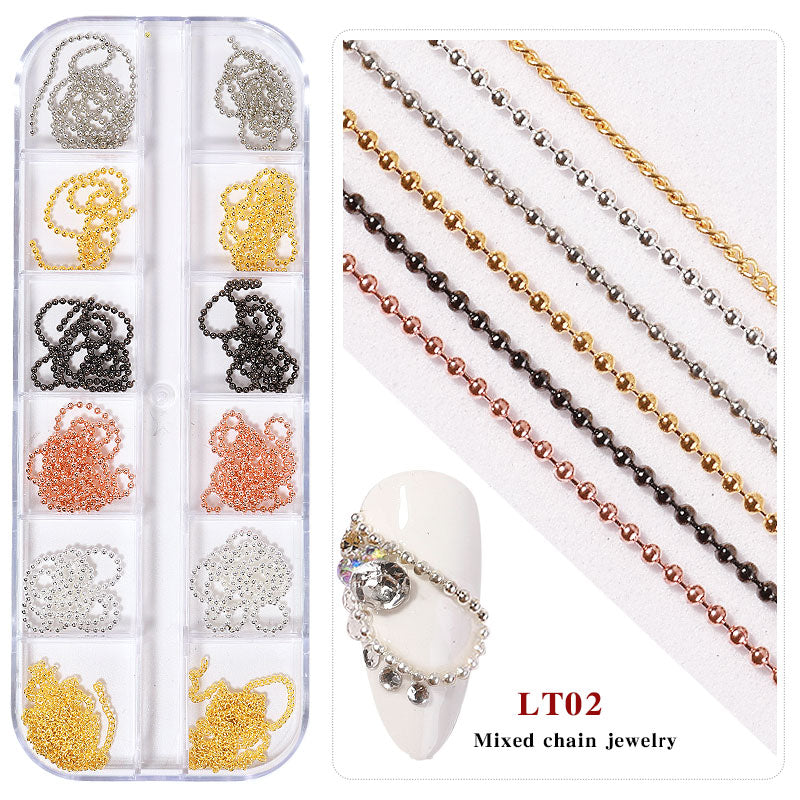 NDE054  ForLife new 12 grid boxed chain DIY nail art decoration metal rhinestone gold and silver chain