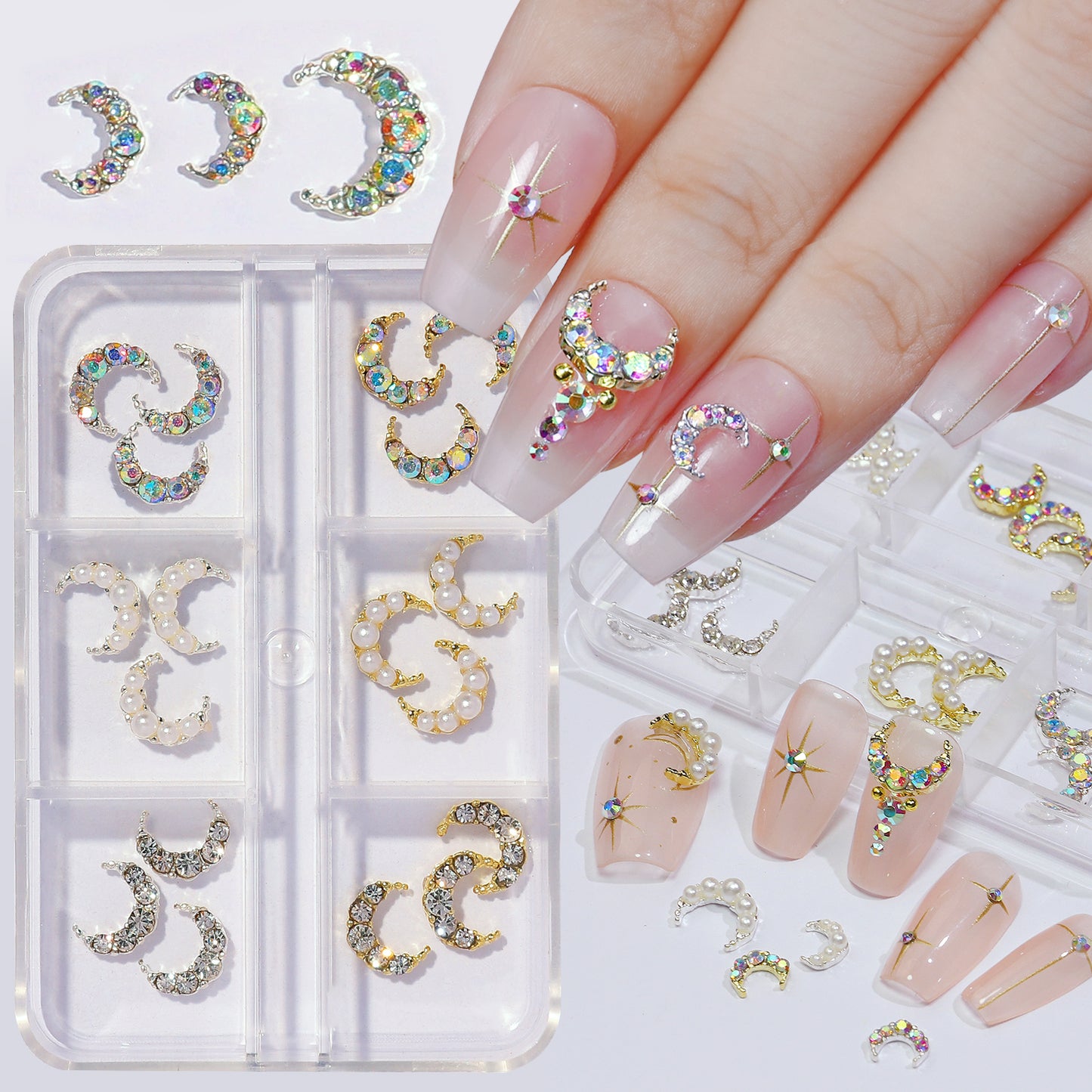 NZJ021 6 grid nail accessories wholesale diamond pearl moon luxury crescent metal alloy nail jewelry