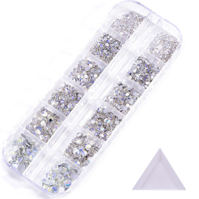 NRS016  ForLife Hot sale style glass flat bottom rhinestone 12 grid set nail art rhinestone shiny crystal nail art accessories