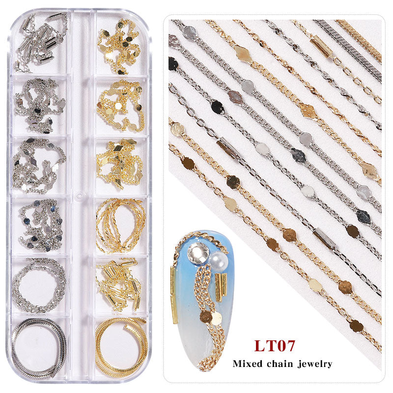 NDE054  ForLife new 12 grid boxed chain DIY nail art decoration metal rhinestone gold and silver chain