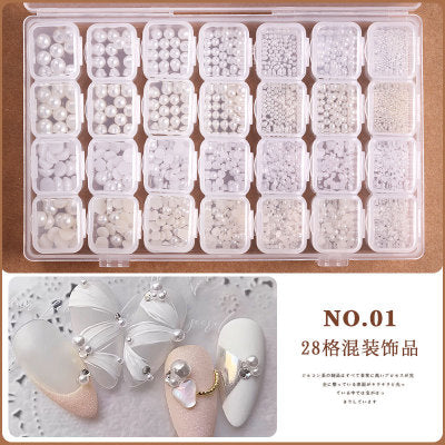 NRD011   28 grid/box mix 3D Pearl Rivet Steel Ball Shell Metal Studs Rhinestones Pearl Nail Jewelry DIY Art Accessories