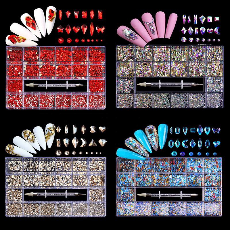 NRB004  Crystal AB White Rainbow Nail Art Mix Shape Fancy Shaped In Box Flat Bottom Glass nail rhinestone art decoration rhinestones