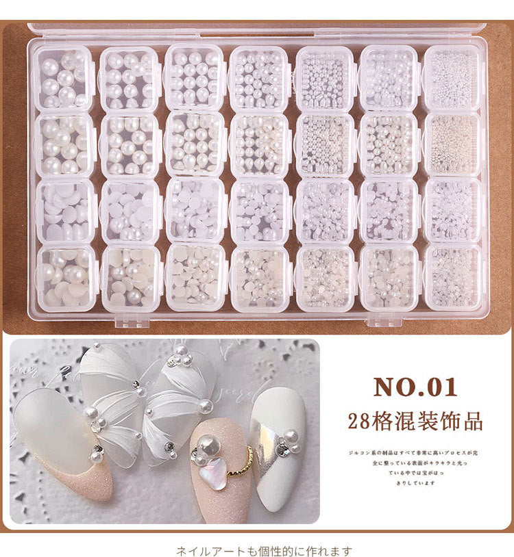 NRD011   28 grid/box mix 3D Pearl Rivet Steel Ball Shell Metal Studs Rhinestones Pearl Nail Jewelry DIY Art Accessories