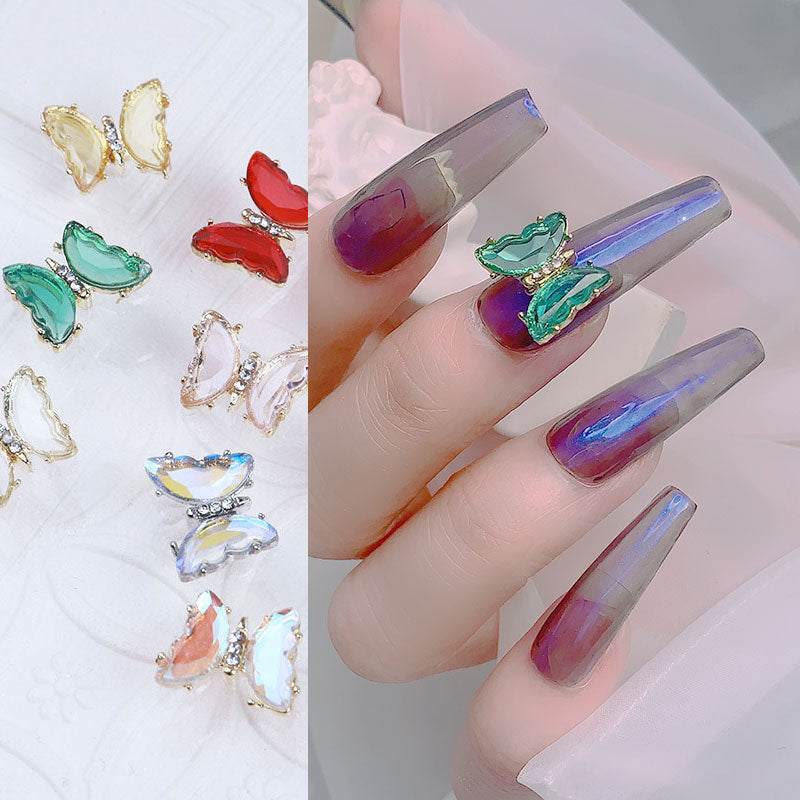 NDE053  2021 summer new style clear and translucent aurora glowing alloy frame butterfly 3d crystal butterfly DIY nail jewelry