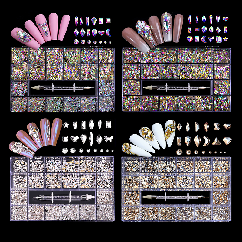 NRB017  Shiny Crystal AB White Rainbow Nail Art Mix Shape Fancy In Box Flat Bottom Glass nail rhinestone art decoration rhinestones