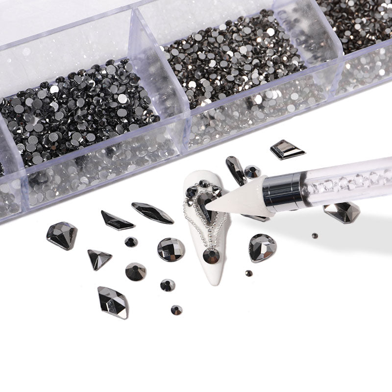 NRB008  Crystal black Nail Art Mix Shape Fancy Shaped In Box Flat Bottom Glass nail rhinestone art decoration black rhinestones