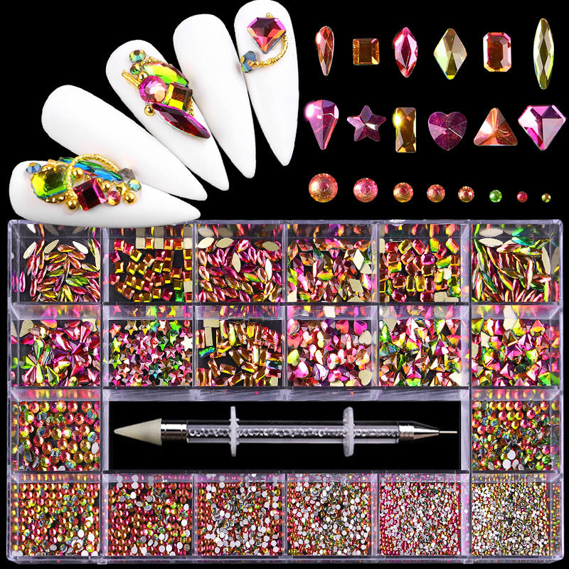 NRB014  Crystal Flame color Nail Art Mix Shape Fancy Shaped In Box Flat Bottom Glass nail rhinestone art decoration white rhinestones