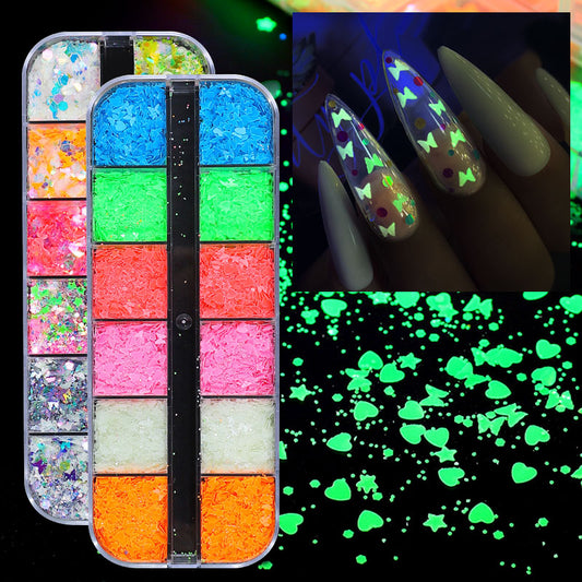 NDE036  ForLife Nail Art 12 grids Luminous Butterfly Sequins Glow in Dark ultra-thin nail sequins DIY manicure decorations